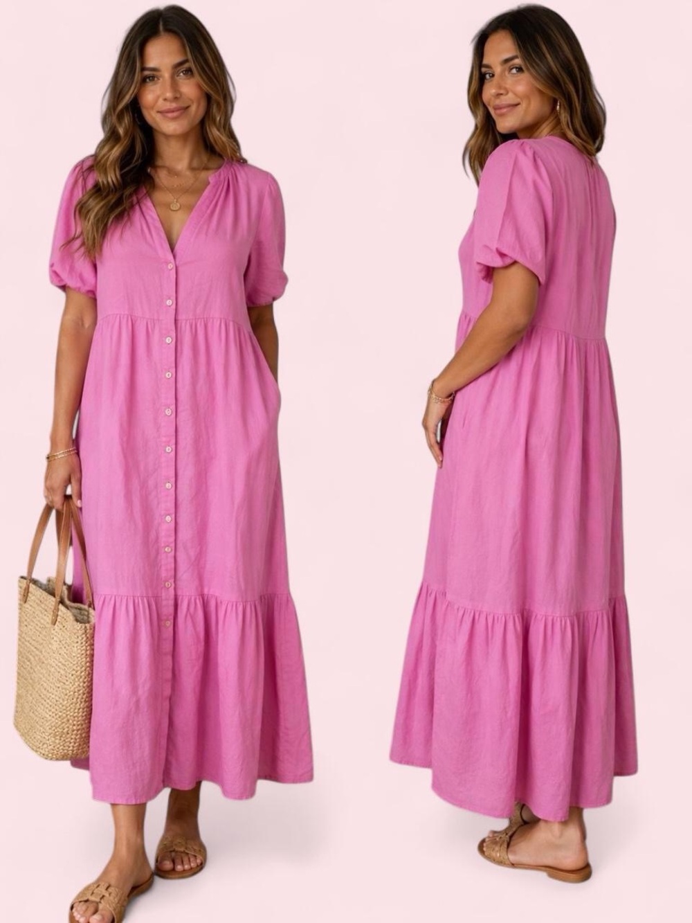 LOFT Pink Button-Front Maxi Dress Size M